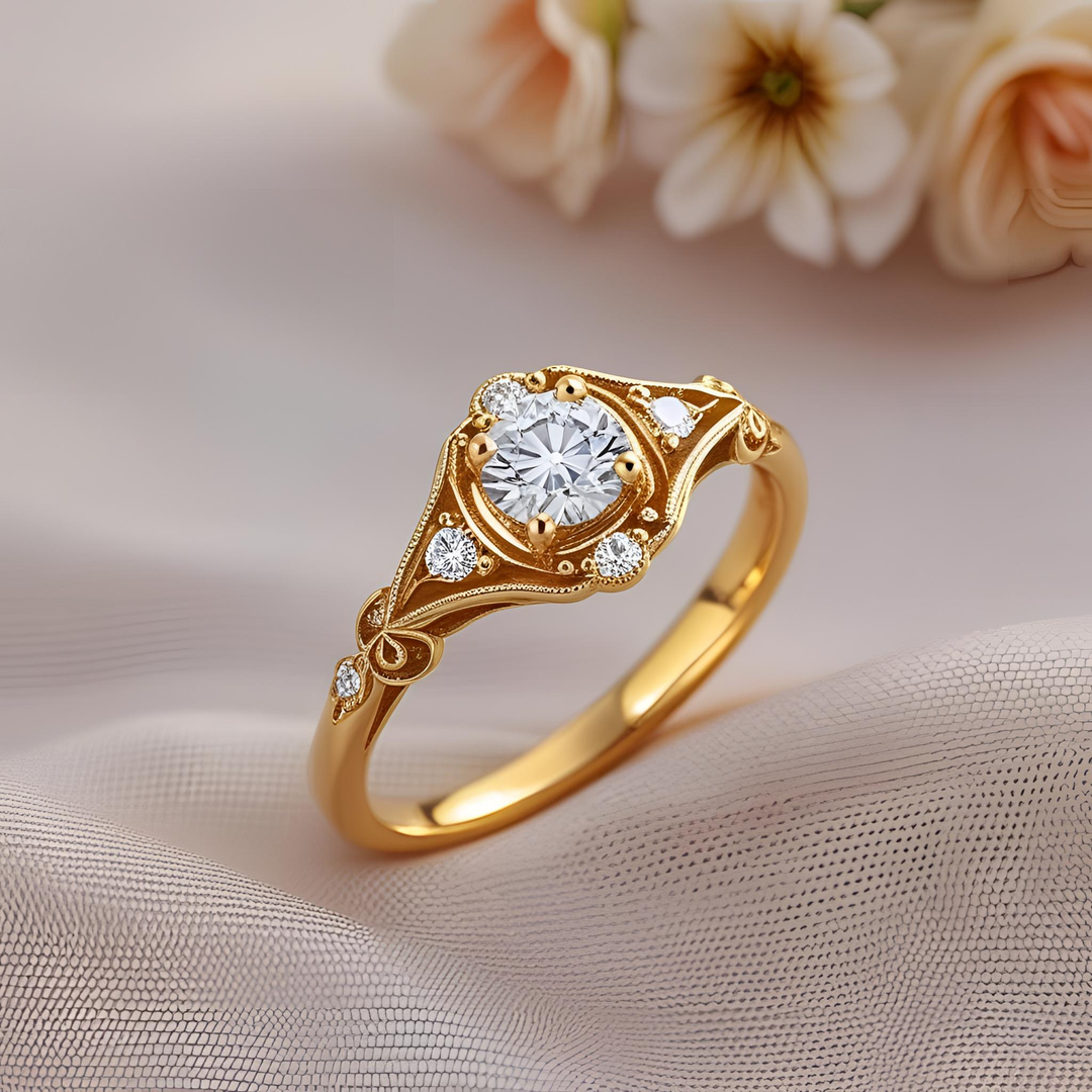 Diamond Engagement Ring with Scrollwork, Vintage Inspired Diamond Ring, Romantic Diamond Solitaire with Accents, Antique Style Engagement Ring with Milgrain, Gold Diamond Engagement Ring | Rare Earth Jewelry