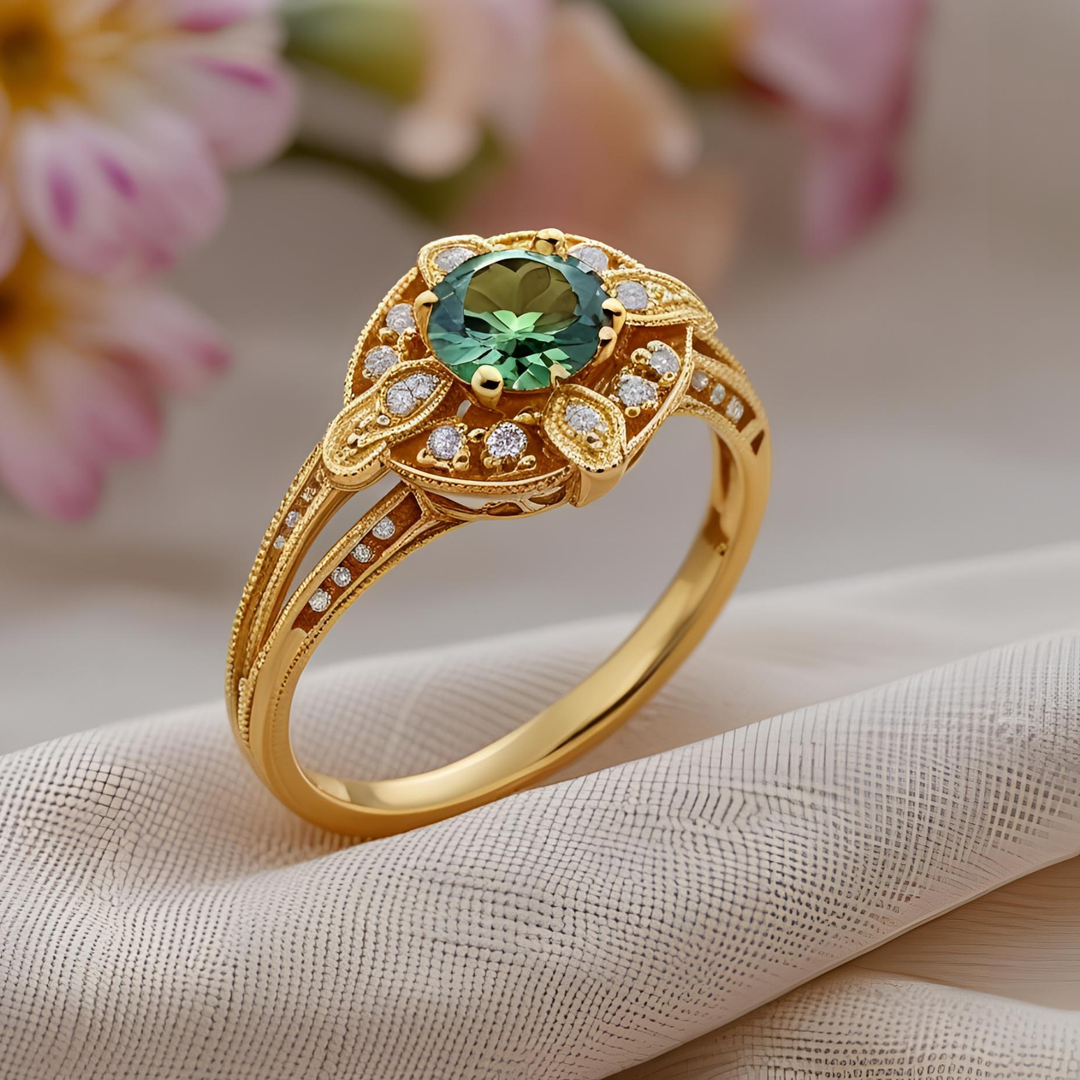 Round Alexandrite ring with diamond halo, vintage inspired floral design, a graceful split shank and romantic Edwardian style craftsmanship | Unique Antique Style Engagement Rings | Rare Earth Jewelry