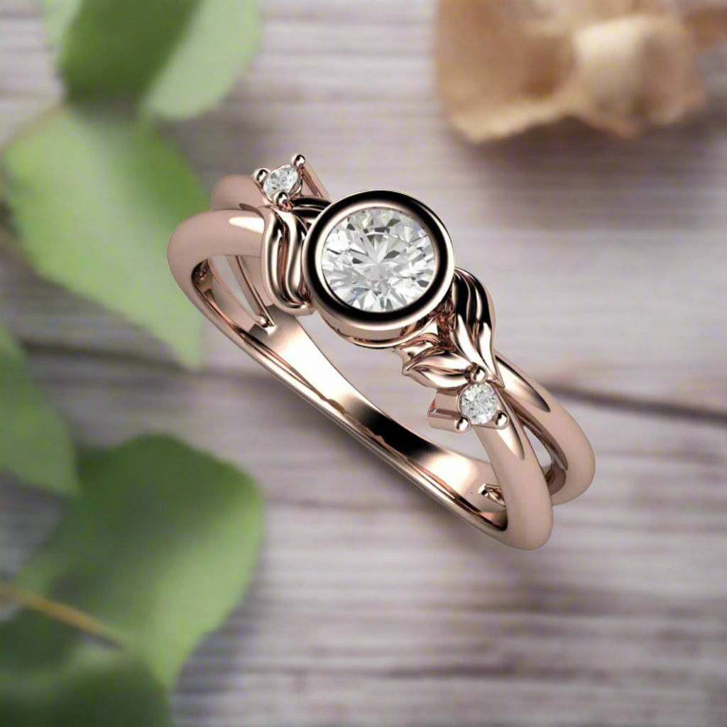 Round Diamond Engagement Ring, Nature Inspired Flower and Leaf Design, Bezel Setting with Split Shank, Unique Floral Engagement Ring | Rare Earth Jewelry