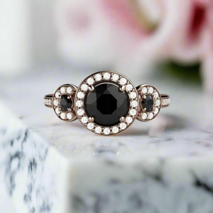 Black Diamond Engagement Ring, Round Diamond Halo Setting, 3 Stone Style, Unique Black Stone Engagement Ring | Rare Earth Jewelry