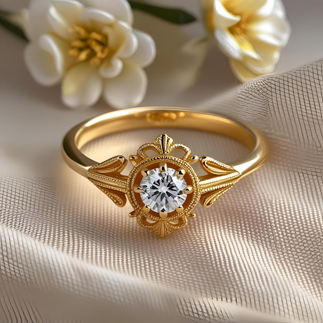 Round diamond ring with an 8 prong crown setting, antique style, milgrain detailing, and vintage Edwardian design | Unique Custom Engagement Rings | Rare Earth Jewelry