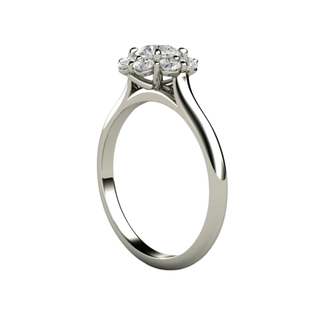 Side View Round Diamond Engagement Ring, Flower Shaped Cluster Halo in 14K, 18K Gold or Platinum | Rare Earth Jewelry