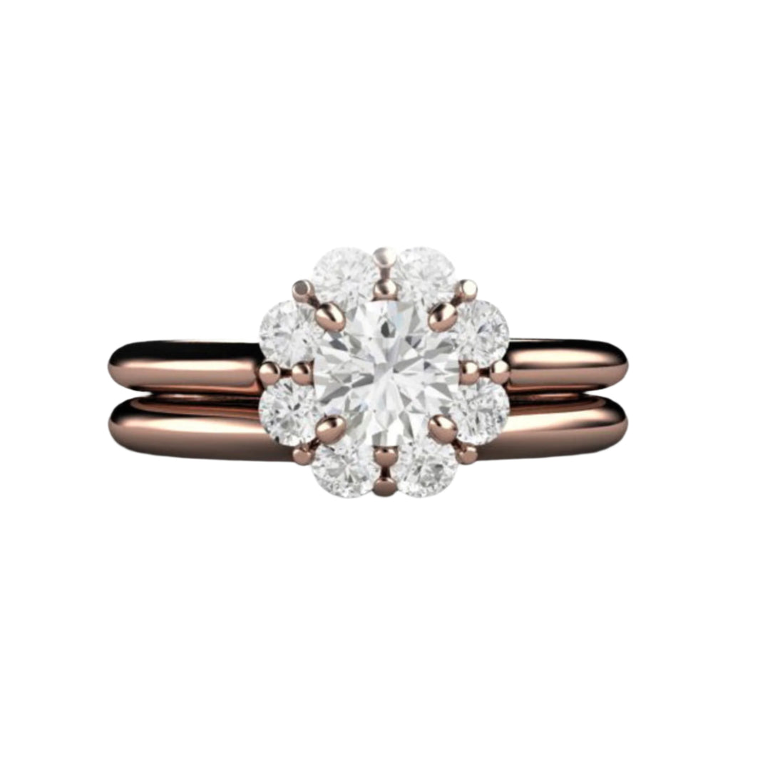 Vintage Inspired Round Diamond Engagement Ring, Flower Shaped Cluster Halo Wedding Set in 14K, 18K Gold or Platinum | Rare Earth Jewelry