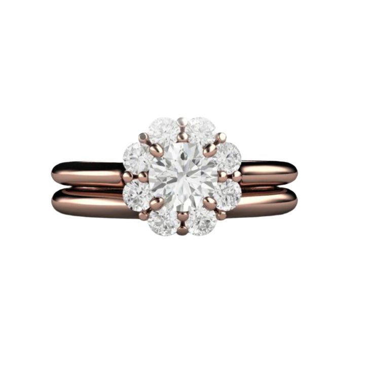 Vintage Inspired Round Diamond Engagement Ring, Flower Shaped Cluster Halo Wedding Set in 14K, 18K Gold or Platinum | Rare Earth Jewelry
