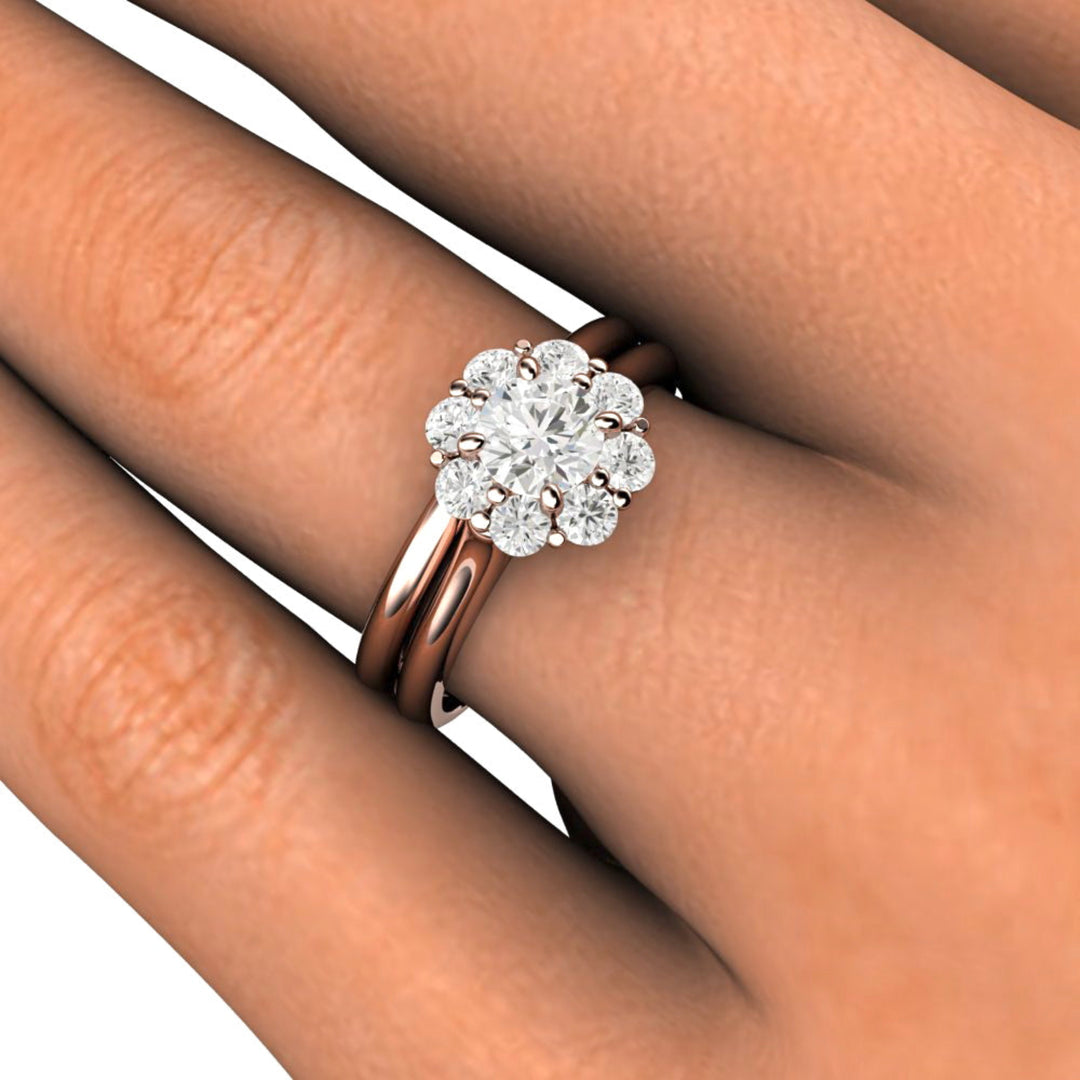 Vintage Style Diamond Engagement Ring, Flower Shaped Cluster Halo Bridal Set shown on the Finger | Rare Earth Jewelry