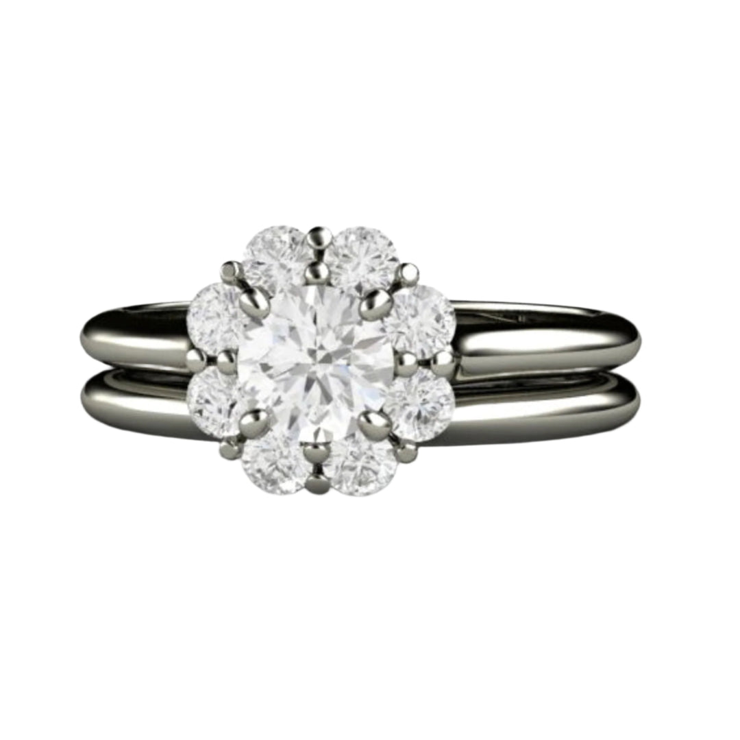 Vintage Inspired Diamond Engagement Ring and Wedding Band, Flower Shaped Cluster Halo in 14K, 18K Gold or Platinum | Rare Earth Jewelry