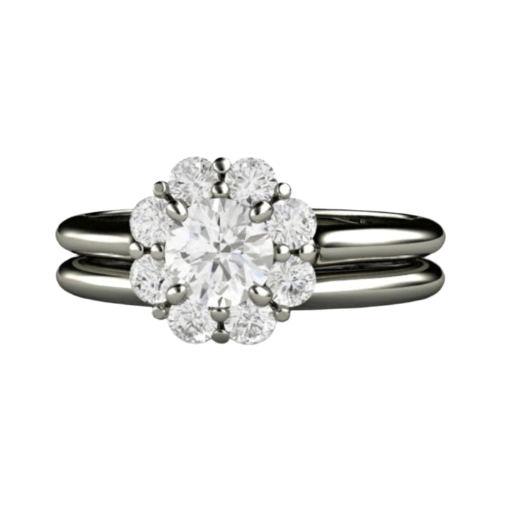 Vintage Inspired Diamond Engagement Ring and Wedding Band, Flower Shaped Cluster Halo in 14K, 18K Gold or Platinum | Rare Earth Jewelry
