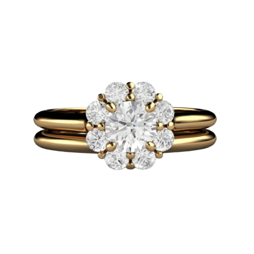 Flower Style Diamond Engagement Ring, Vintage Style Cluster Halo Wedding Set in 14K or 18K Yellow Gold | Rare Earth Jewelry