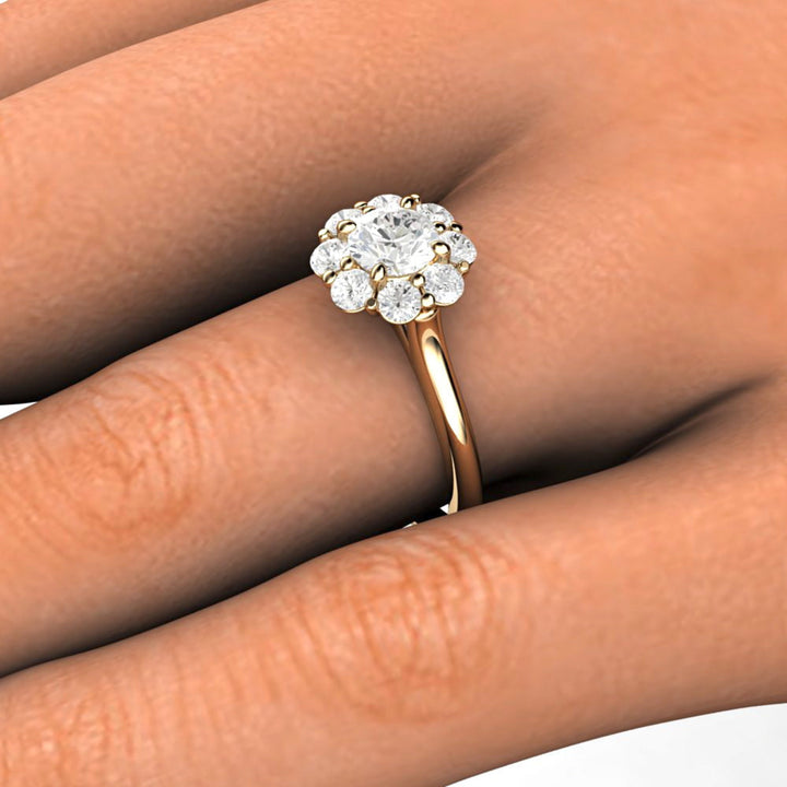 Round Diamond Engagement Ring, Flower Shaped Cluster Halo with .50ct Diamond shown on the Hand | Rare Earth Jewelry