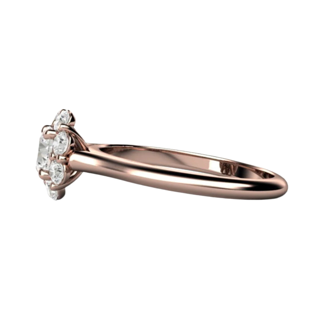 Side View of Round Diamond Engagement Ring, Flower Shaped Cluster Halo | Rare Earth Jewelry