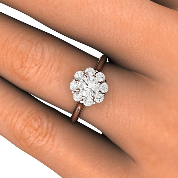 .50ct Round Diamond Engagement Ring, Flower Shaped Design with Diamond Halo shown on the Finger | Rare Earth Jewelry
