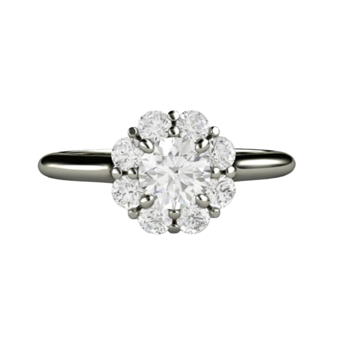 Round Diamond Engagement Ring, Floral Design Cluster Halo in 14K or 18K White Gold | Rare Earth Jewelry