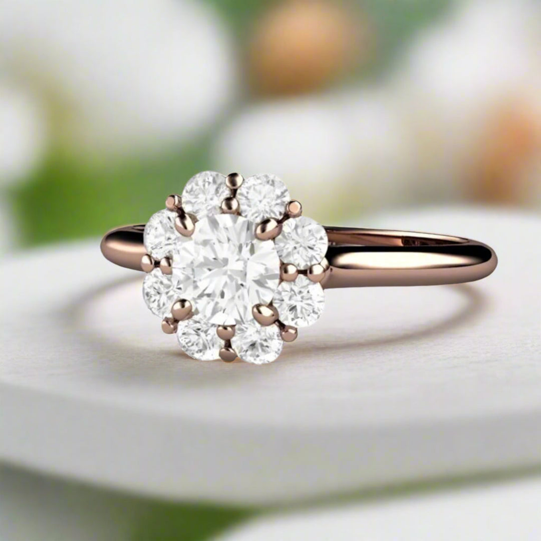Flower Shaped Diamond Engagement Ring, Vintage Cluster Halo with .50ct GIA Certified Natural Diamond shown in Rose Gold | Rare Earth Jewelry