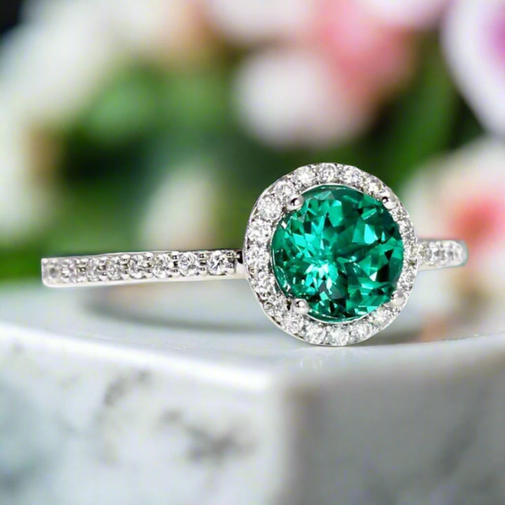 Round Emerald Ring, Chatham Emerald Engagement Ring with Diamond Halo in 14K or 18K Gold and Platinum, May Birthstone Ring | Rare Earth Jewelry