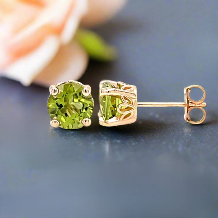 14K Gold Peridot Earrings, Round Natural Peridot Studs, 4mm, 5mm, 6mm and 8mm Sizes | Rare Earth Jewelry