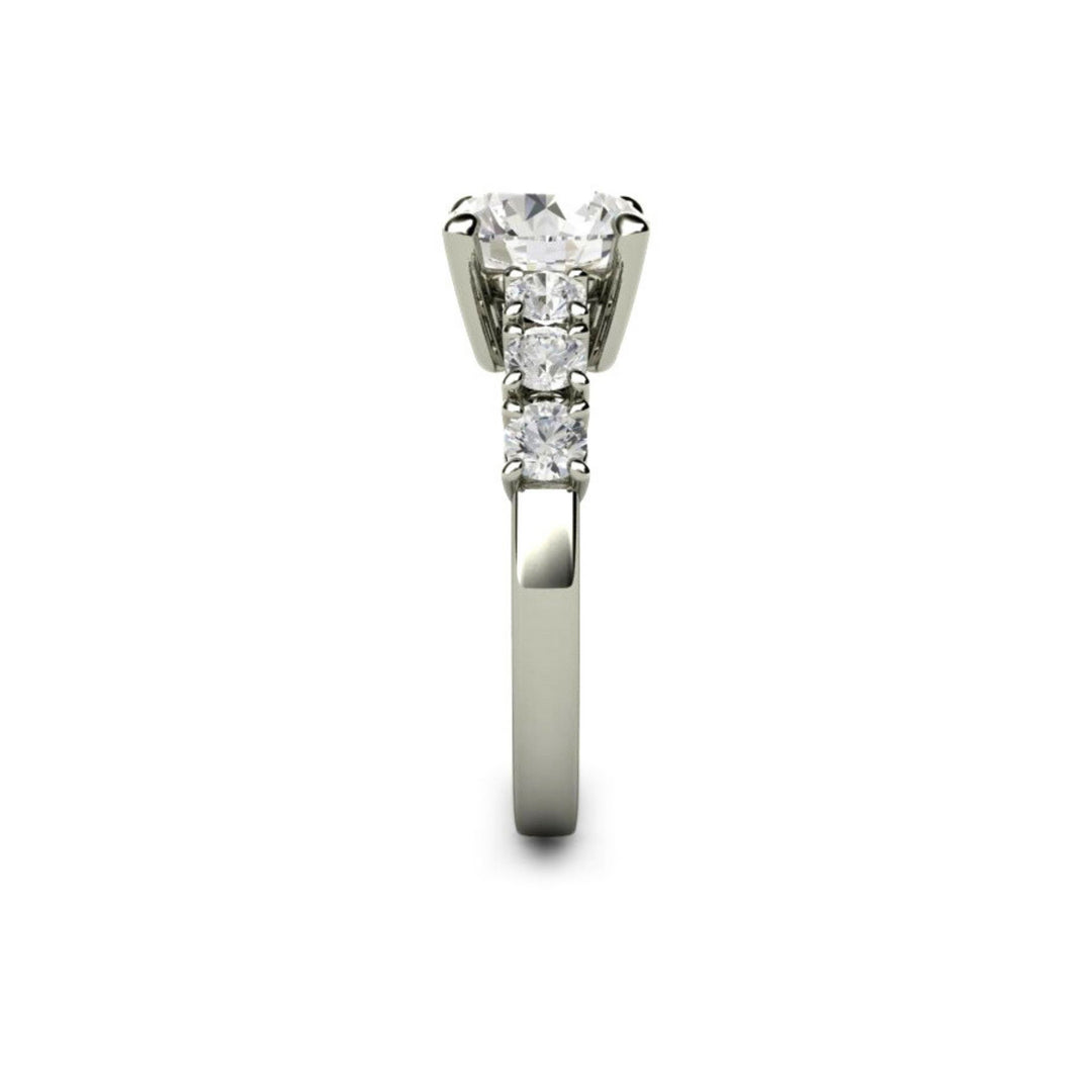2ct Forever One Moissanite Engagement Ring, Side View showing Moissanite Accented Band