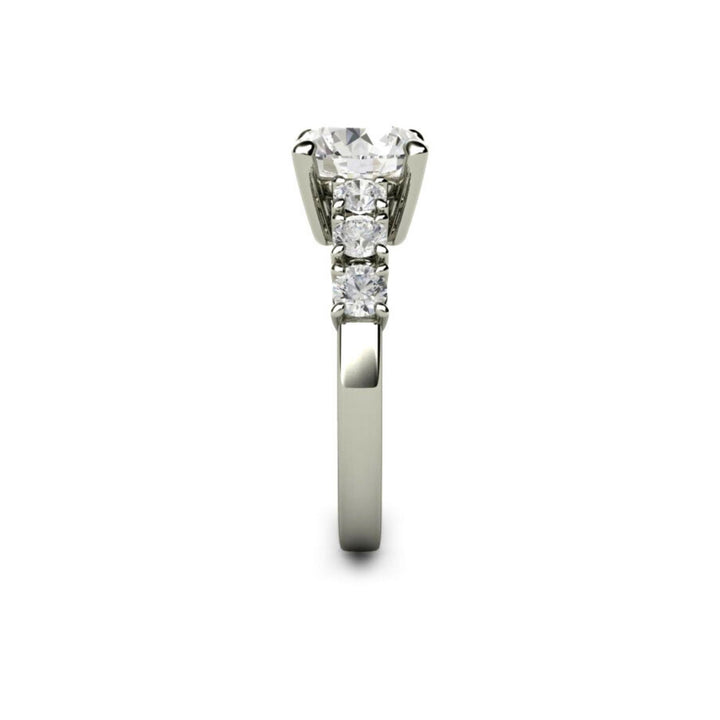 2ct Forever One Moissanite Engagement Ring, Side View showing Moissanite Accented Band