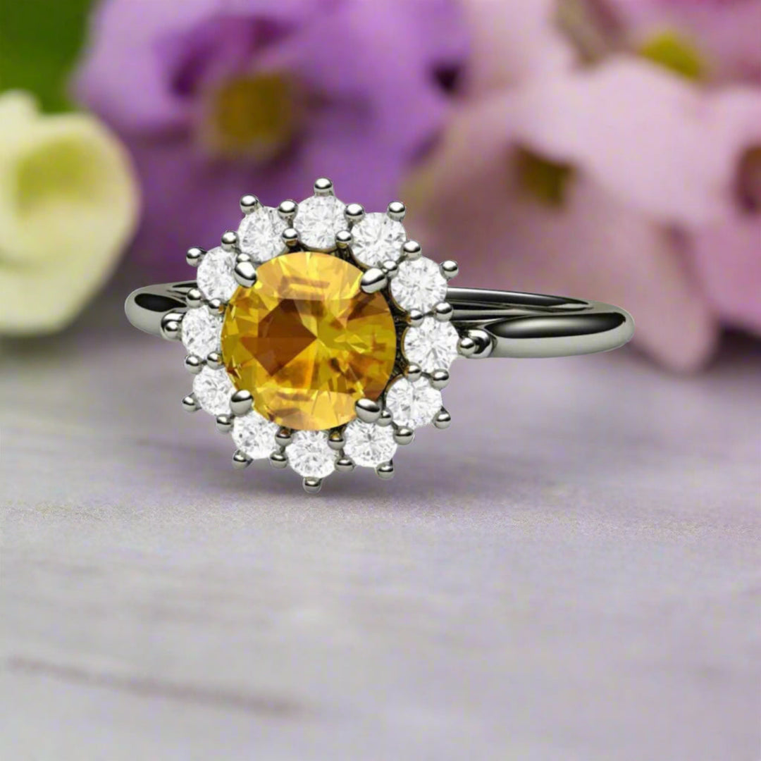 Round Natural Yellow Sapphire Engagement Ring, Vintage Style Cluster Design with Diamond Halo in Gold or Platinum | Rare Earth Jewelry