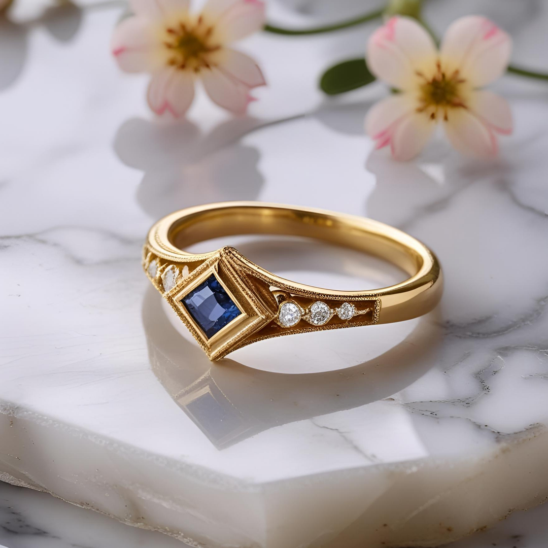Blue sapphire ring with Art Deco geometric design, delicate Edwardian milgrain details, diamond accents, and romantic vintage craftsmanship. Unique Custom Engagement Rings | Rare Earth Jewelry