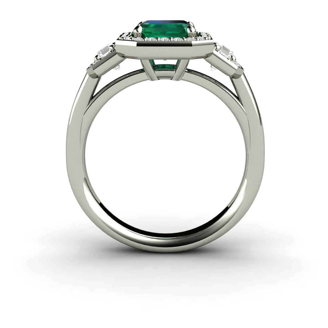 Large Emerald Engagement Ring 3 Stone with Lab Created Diamond Halo, Rare Earth Jewelry
