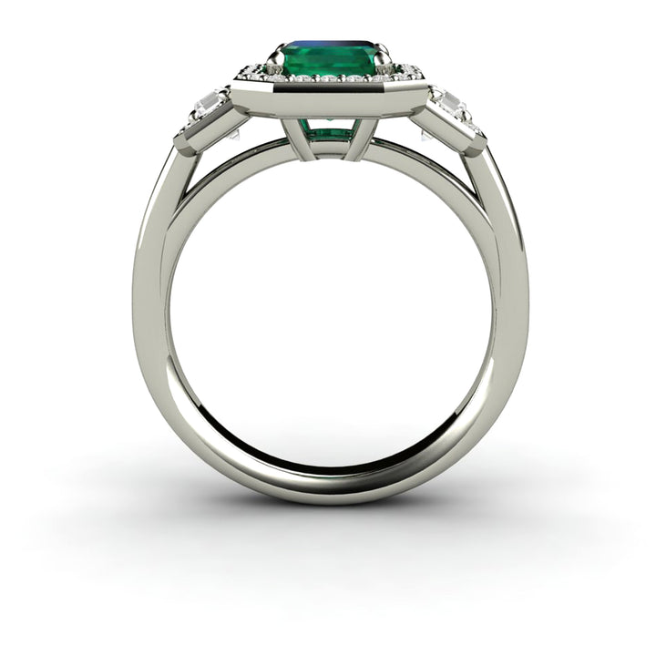 Large Emerald Engagement Ring 3 Stone with Lab Created Diamond Halo, Rare Earth Jewelry