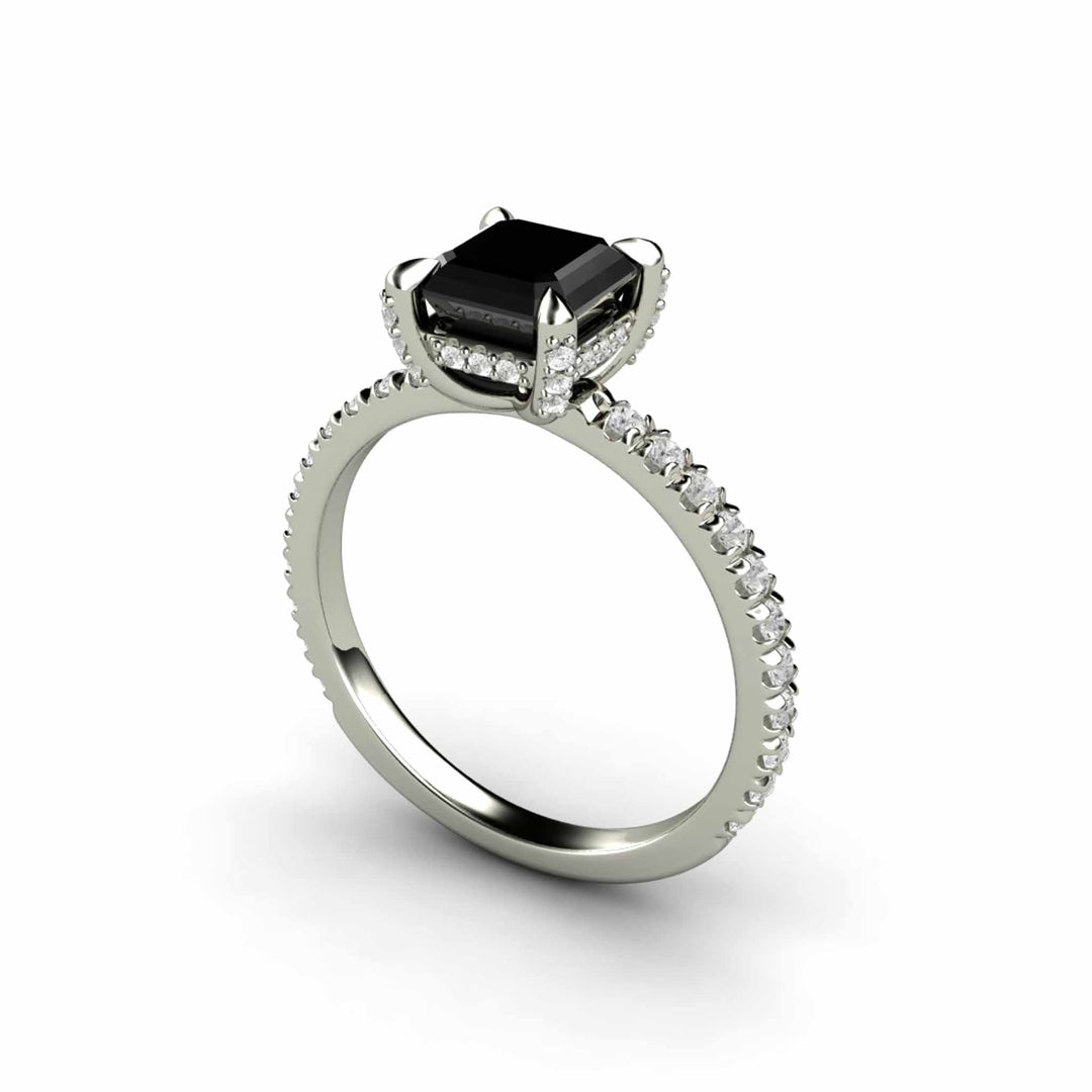 Princess Cut Black Diamond Engagement Ring | Solitaire with Pave Accents, Rare Earth Jewelry
