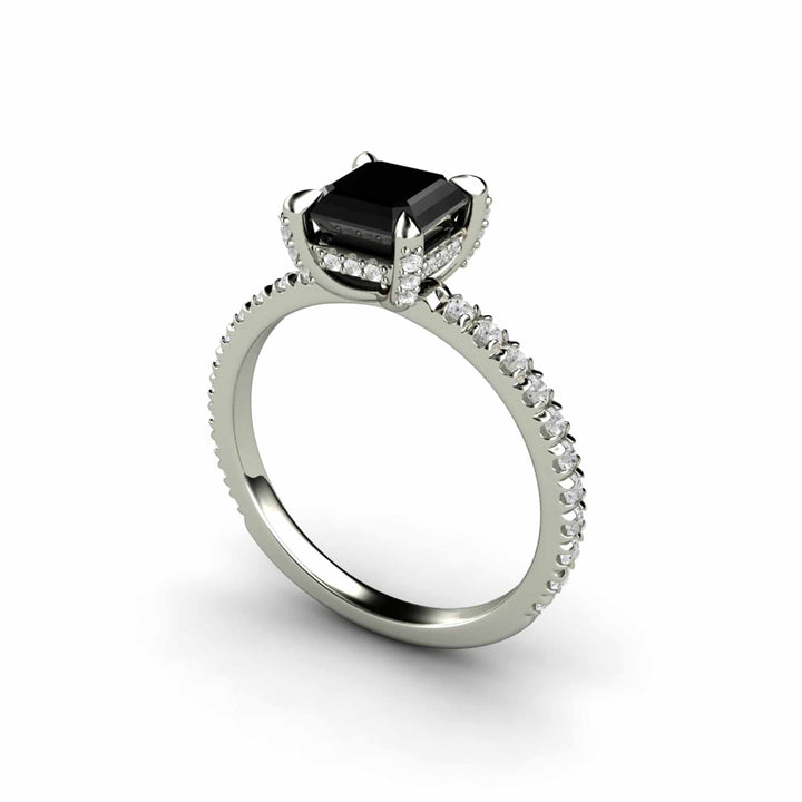 Princess Cut Black Diamond Engagement Ring | Solitaire with Pave Accents, Rare Earth Jewelry