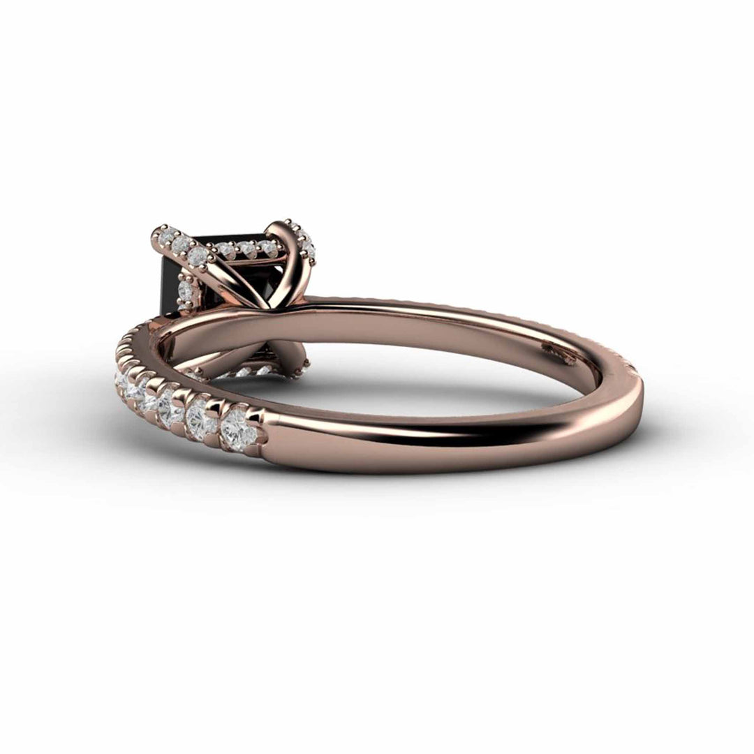 Princess Cut Black Diamond Engagement Ring | Solitaire with Pave Accents, Rare Earth Jewelry