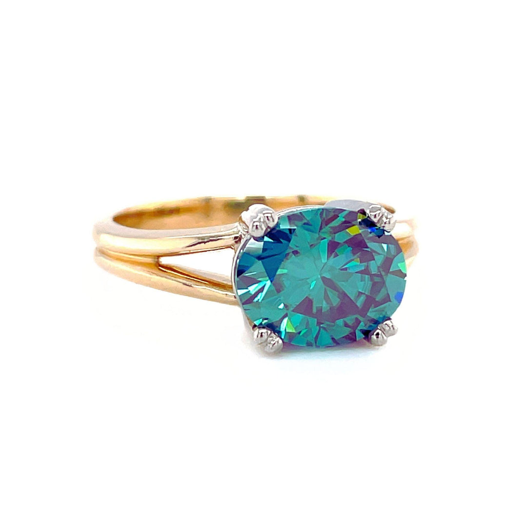 Teal Green Moissanite Ring Oval East West Solitaire with Split Shank, Rare Earth Jewelry