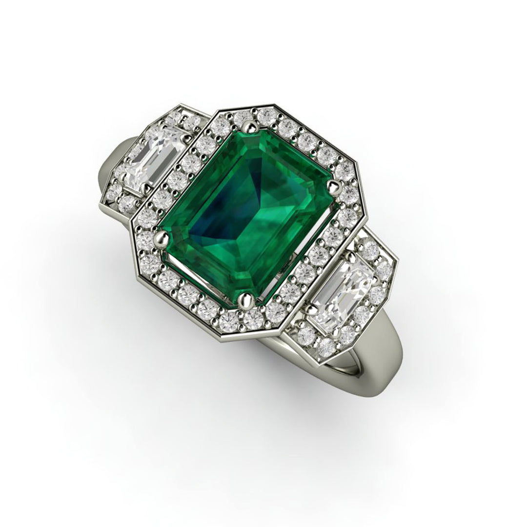 Large Emerald Engagement Ring 3 Stone with Lab Created Diamond Halo, Rare Earth Jewelry