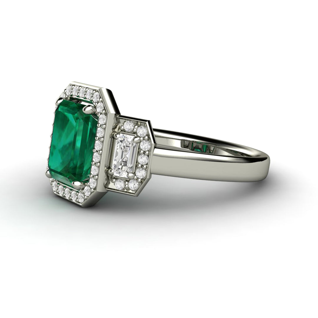 Large Emerald Engagement Ring 3 Stone with Lab Created Diamond Halo, Rare Earth Jewelry