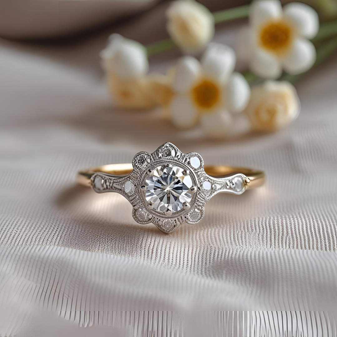 Vintage Diamond Halo Engagement Ring, Scalloped Halo Diamond Ring, Antique Style Diamond Ring, Unique Custom Engagement Rings | Rare Earth Jewelry