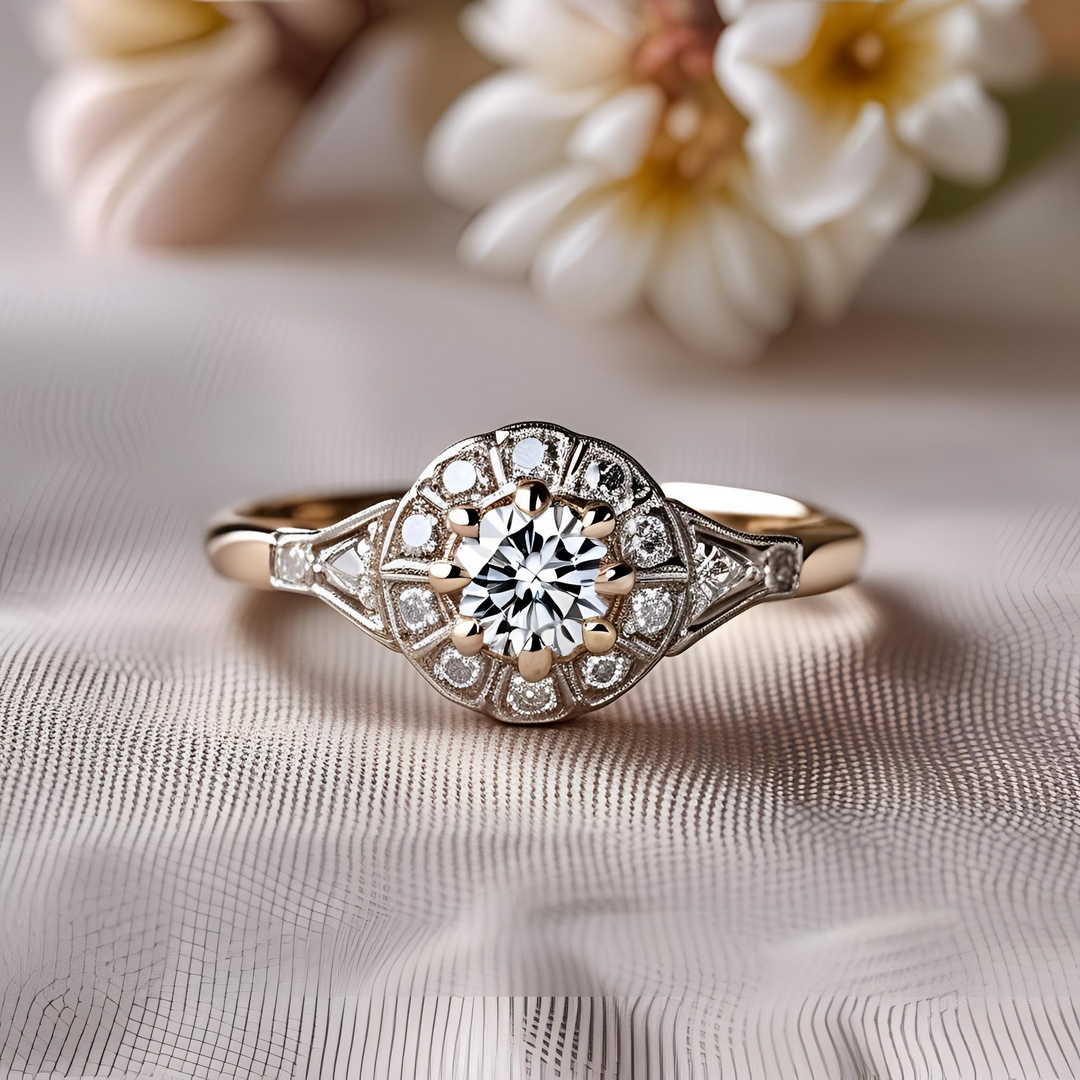 Vintage inspired diamond engagement ring with milgrain, antique style round diamond cluster ring, romantic diamond engagement ring Edwardian design. Unique Custom Engagement Rings | Rare Earth Jewelry