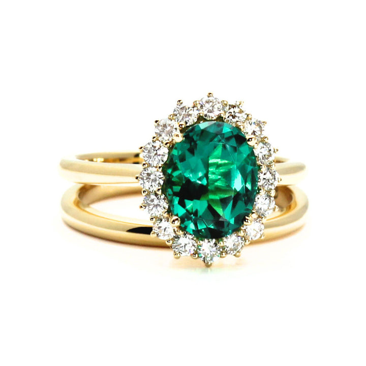 Vintage Emerald Engagement Ring Oval Cluster with Diamonds, Rare Earth Jewelry