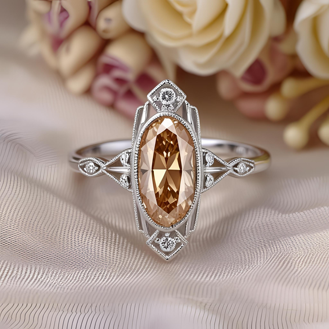 Oval precious topaz ring with lace-like openwork, vintage detailing, milgrain accents, and Edwardian inspired design. Vintage Style Engagement Rings | Rare Earth Jewelry