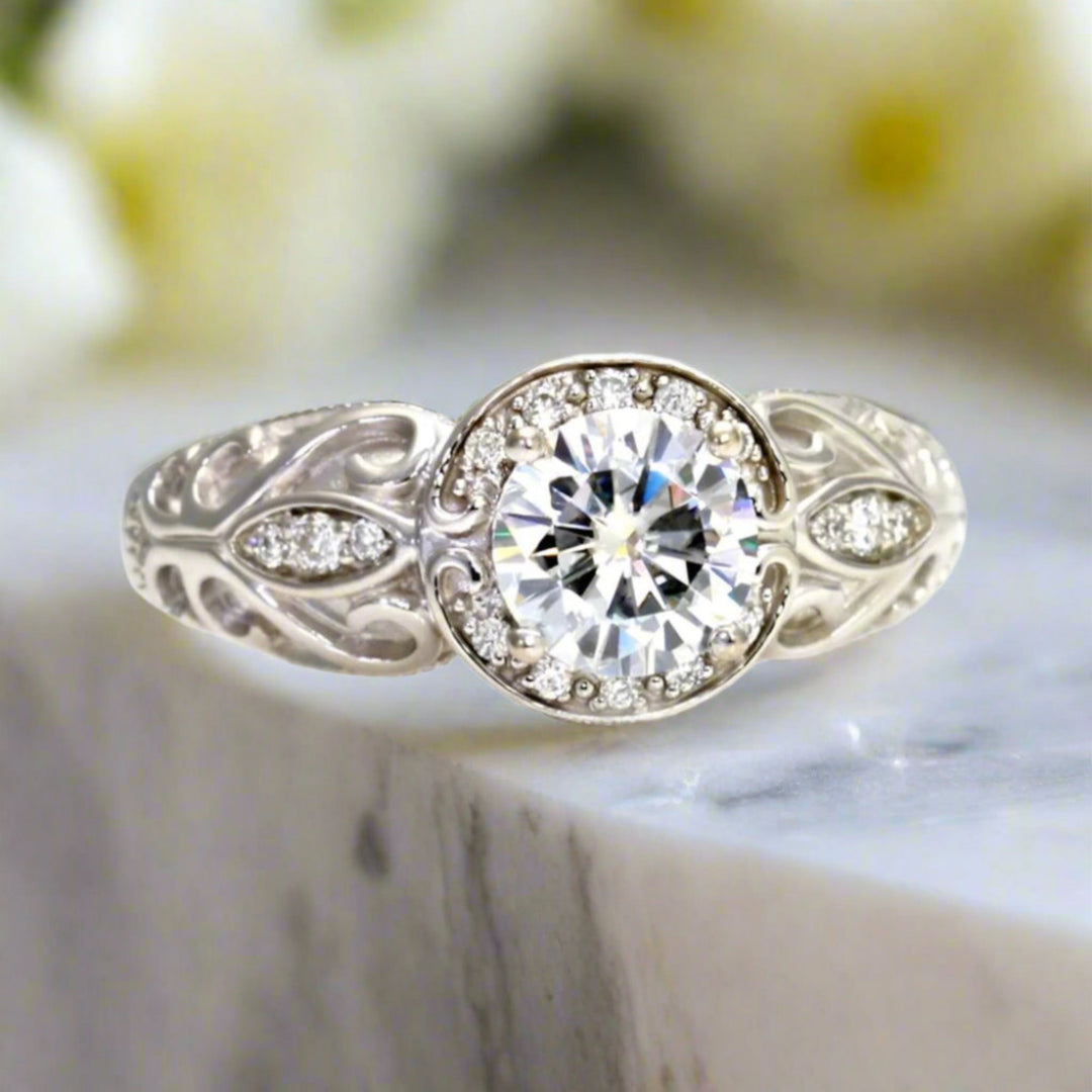 Art Deco Style Moissanite Engagement Ring, Vintage Style Diamond Halo, Lab Created Diamond Alternative in Gold or Platinum | Rare Earth Jewelry