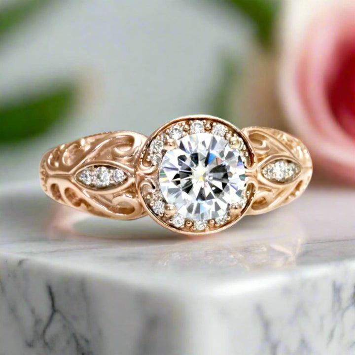 Vintage Inspired Moissanite Engagement Ring, Lab Created Diamond Alternative, Art Deco Diamond Halo in 14K or 18K Gold and Platinum | Rare Earth Jewelry