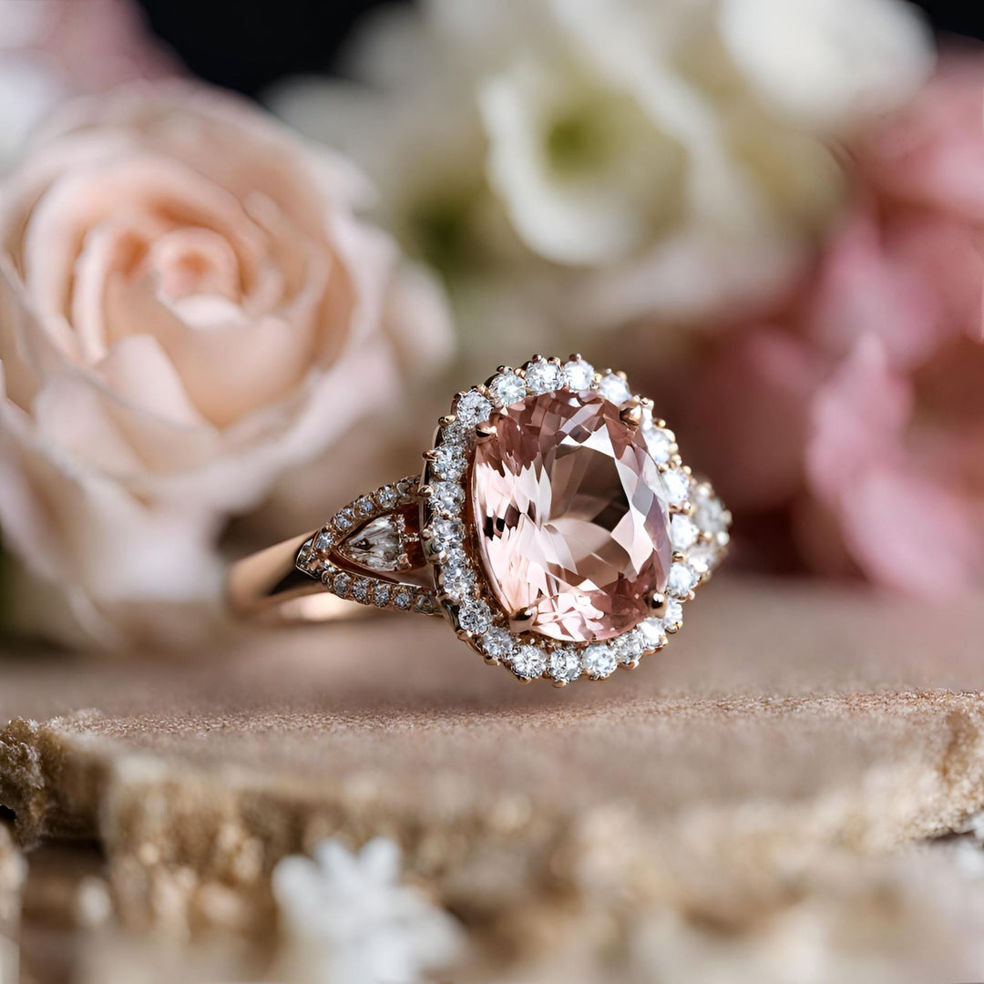 A vintage style cushion cut Morganite ring with diamonds in an ornate, feminine setting from Rare Earth Jewelry.
