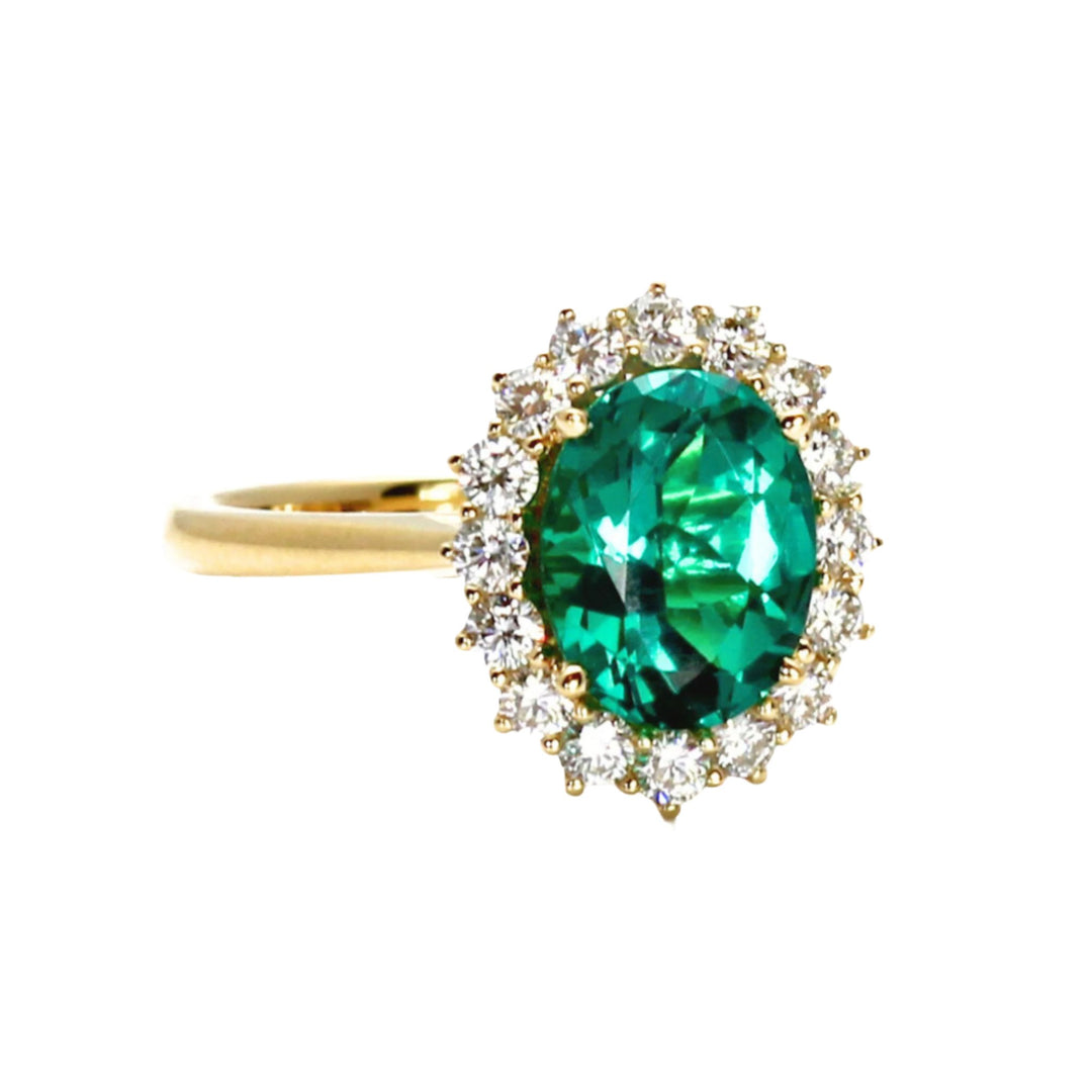 Vintage Emerald Engagement Ring Oval Cluster with Diamonds, Rare Earth Jewelry