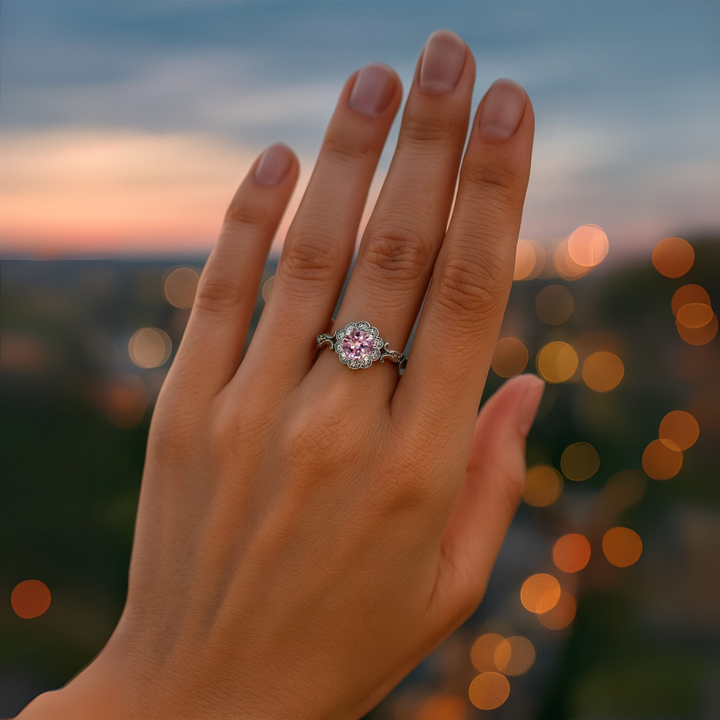 Vintage Style Pink Spinel Engagement Ring with Diamond Halo, Natural Pink Gemstone Ring with Art Deco Design.  Antique Inspired Engagement Rings from Rare Earth Jewelry