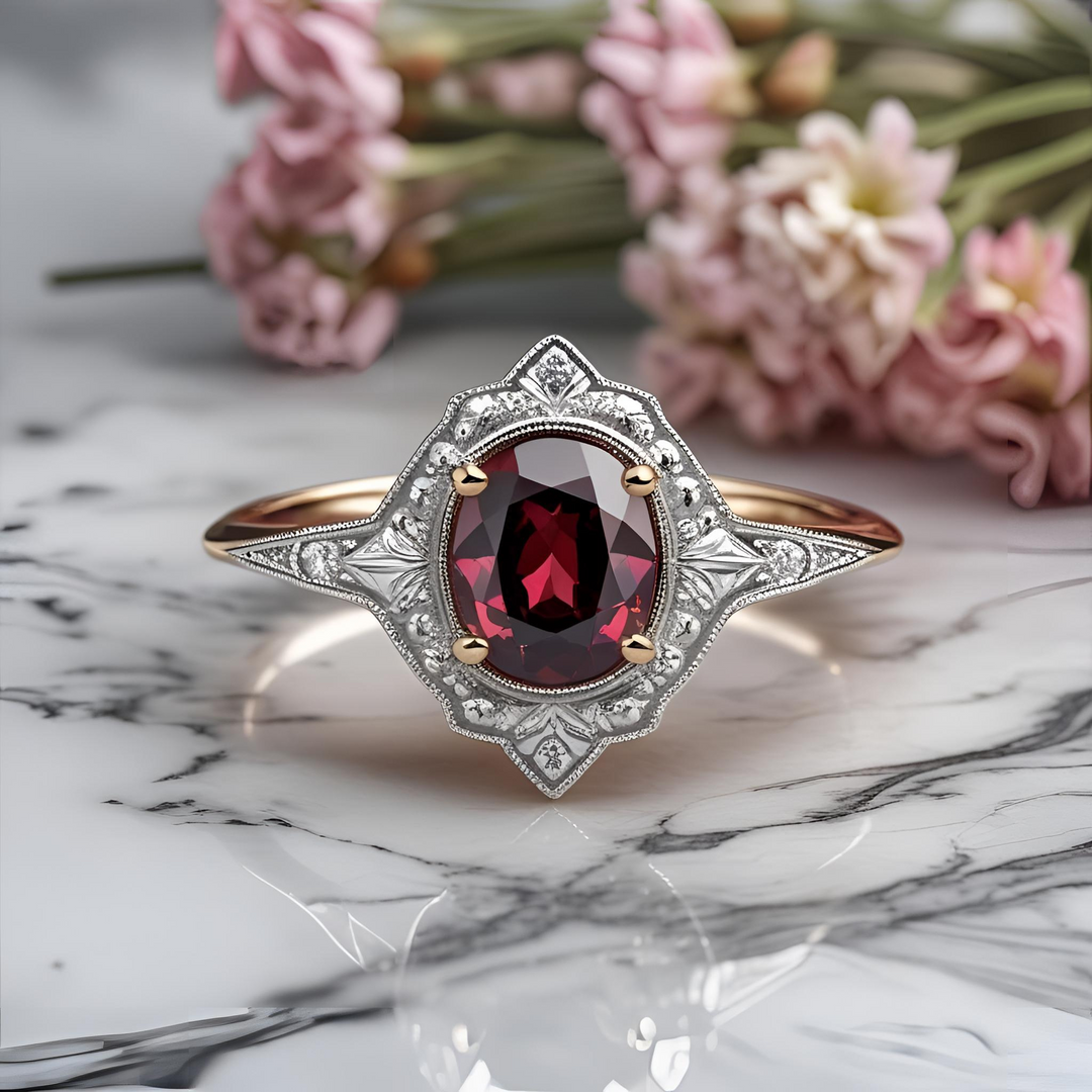 Rhodolite garnet ring with hand engraved details and diamond accents, vintage style garnet engagement ring, engraved halo ring, antique inspired gemstone ring | Unique Custom Gemtone Rings | Rare Earth Jewelry
