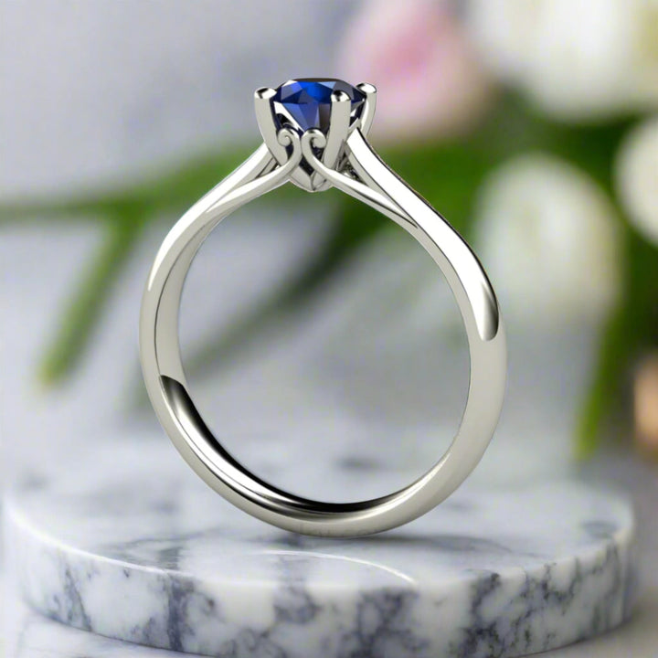 Natural Blue Sapphire Engagement Ring, Unheated Ceylon Sapphire Ring, Round Solitaire in Gold or Platinum | Rare Earth Jewelry