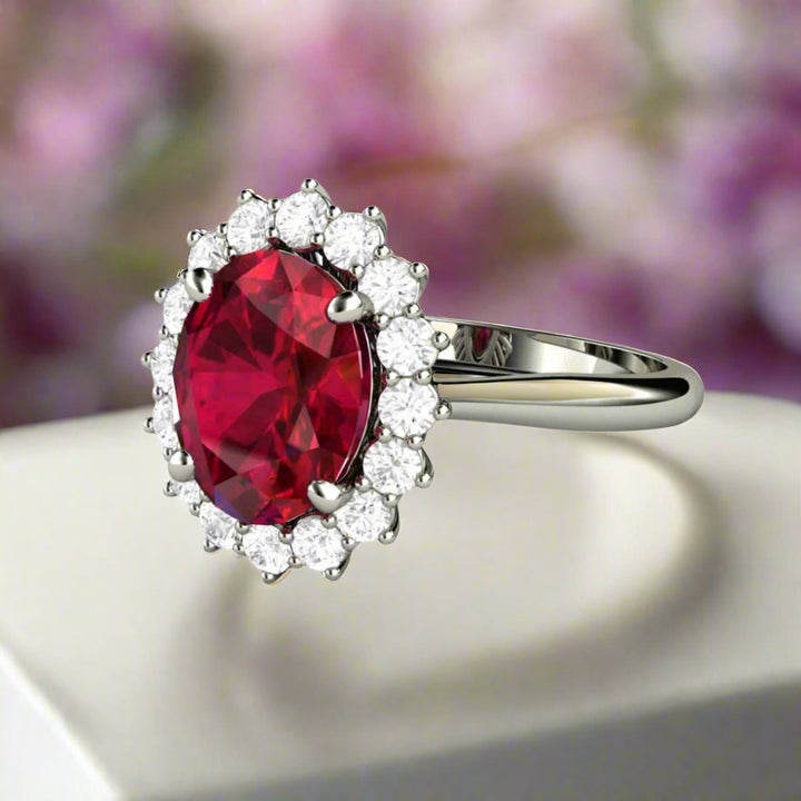 Vintage Inspired Ruby Engagement Ring with an Oval Cluster Halo Design, Oval Ruby Ring, Unique Engagement Rings | Rare Earth Jewelry