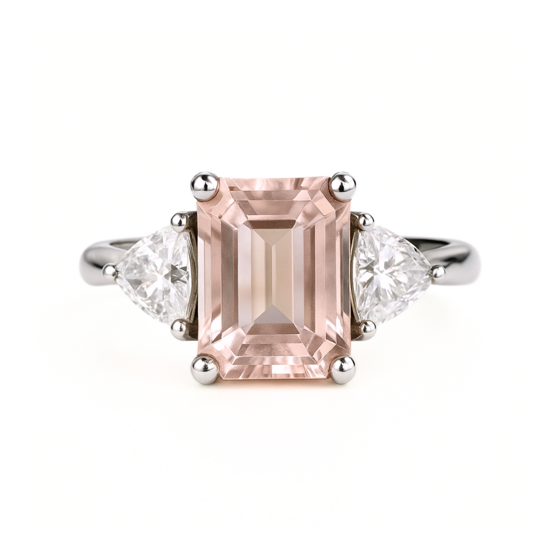 Vintage Style Three Stone Morganite Engagement Ring with Trillions, 2 Carat Emerald Cut Morganite Ring in Gold or Platinum.  Natural Pink Gemstone Ring | Rare Earth Jewelry