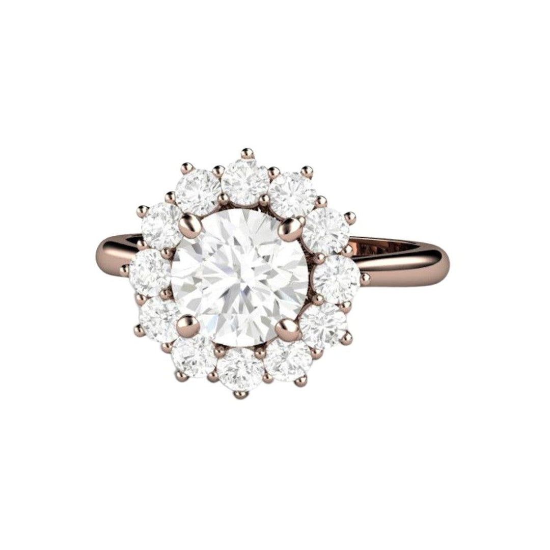 1.25 Carat Round Moissanite Engagement Ring, Vintage Style Cluster Halo Design in 14K or 18K Gold and Platinum with Charles & Colvard Forever One Moissanite | Rare Earth Jewelry