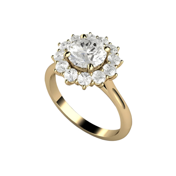7mm Forever One Moissanite Engagement Ring, Vintage Inspired Halo in Yellow Gold | Rare Earth Jewelry