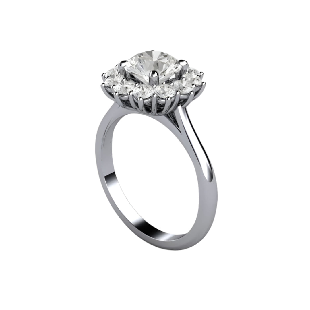 Round Moissanite Cluster Engagement Ring Vintage Style Halo in Platinum | Rare Earth Jewelry