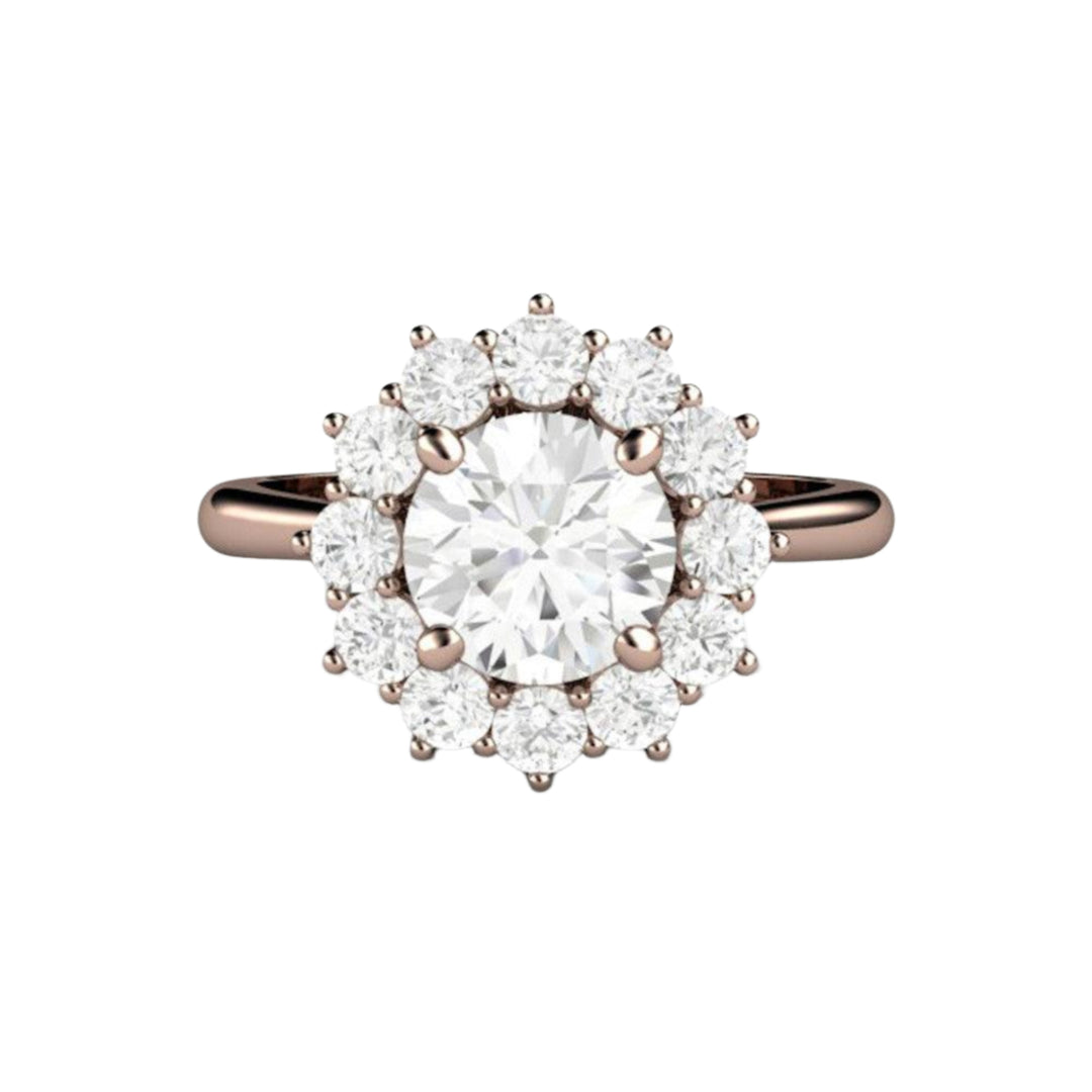 1.25 Carat Round Moissanite Cluster Engagement Ring, Vintage Style Cluster Halo Design in 14K Rose Gold and Forever One Moissanite | Rare Earth Jewelry