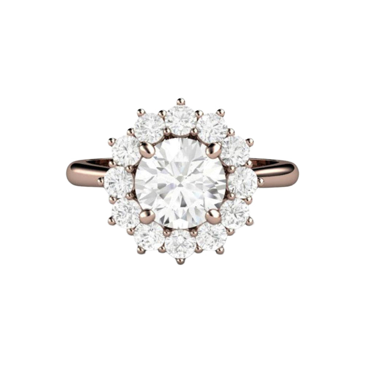 1.25 Carat Round Moissanite Cluster Engagement Ring, Vintage Style Cluster Halo Design in 14K Rose Gold and Forever One Moissanite | Rare Earth Jewelry