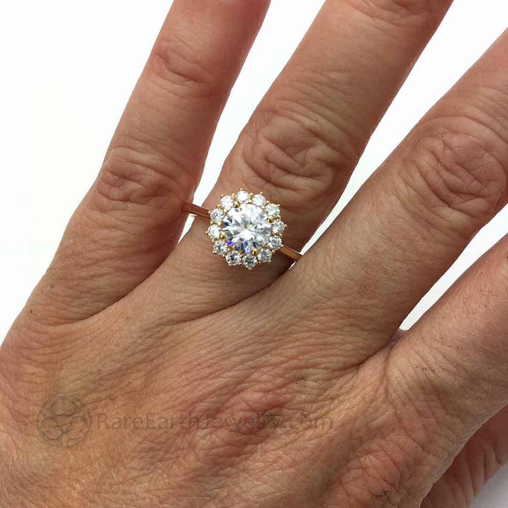 1.25 Carat Round Moissanite Engagement Ring, Vintage Style Cluster Halo Design shown on the Hand | Rare Earth Jewelry